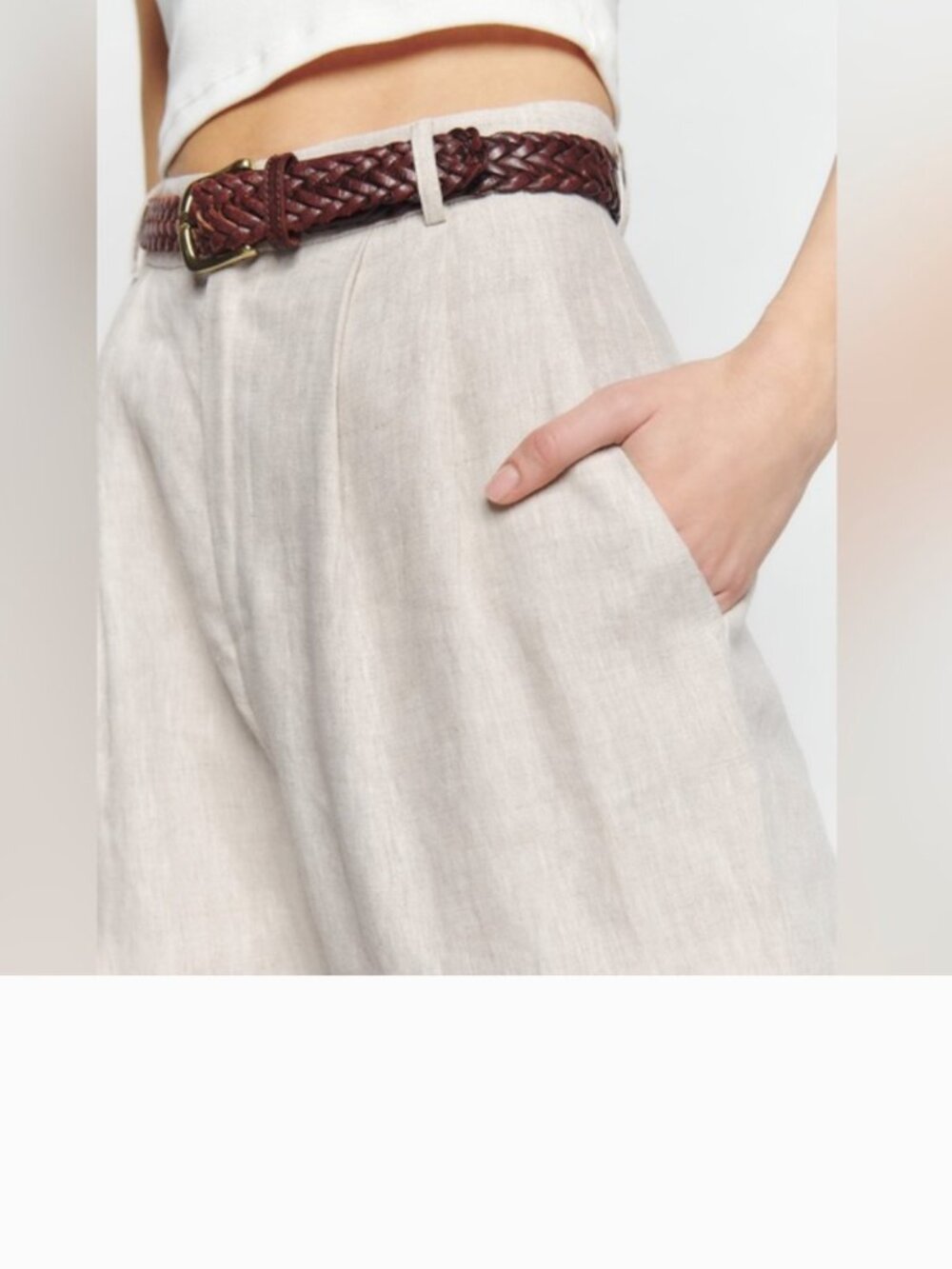 Reformation Earl Linen Pleated High Waisted Wide Leg Trouser Pants Oatmeal Beige - Picture 5 of 9